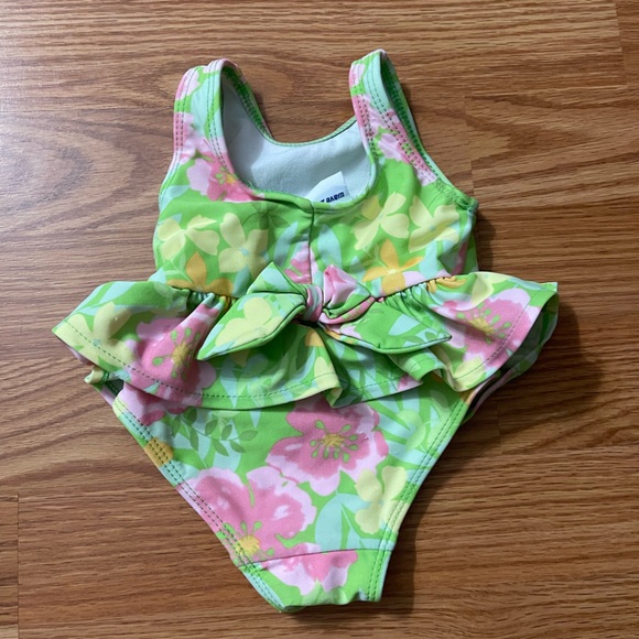Girls Floral Ruffle One-Piece Swimsuit - Pink & Green - Picture 2 of 3